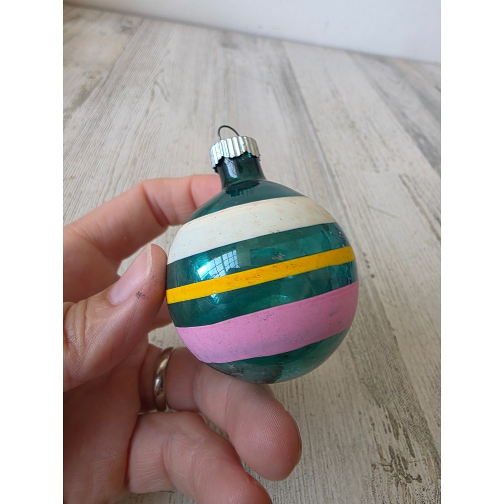 Vintage shiny Brite green and silvered striped mat glass ornament pink yellow